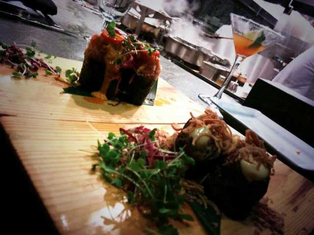Wagyu Beef Nigiri (right), Tuna 'Hot Night' (left)