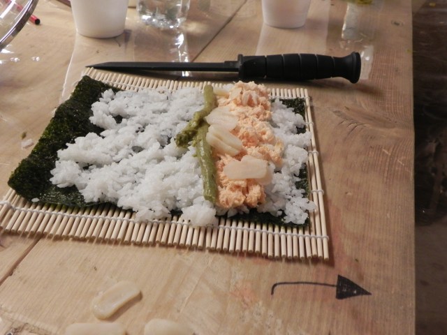 Spicy Salmon Roll, with water chestnuts and asparagus.  Senjaray, Zharay district Kandahar province.